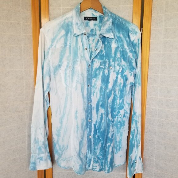 Men's Western Pearl Snap Shirt  Size Large Tie Dye Clouds Roll-up Sleeves - Picture 1 of 6